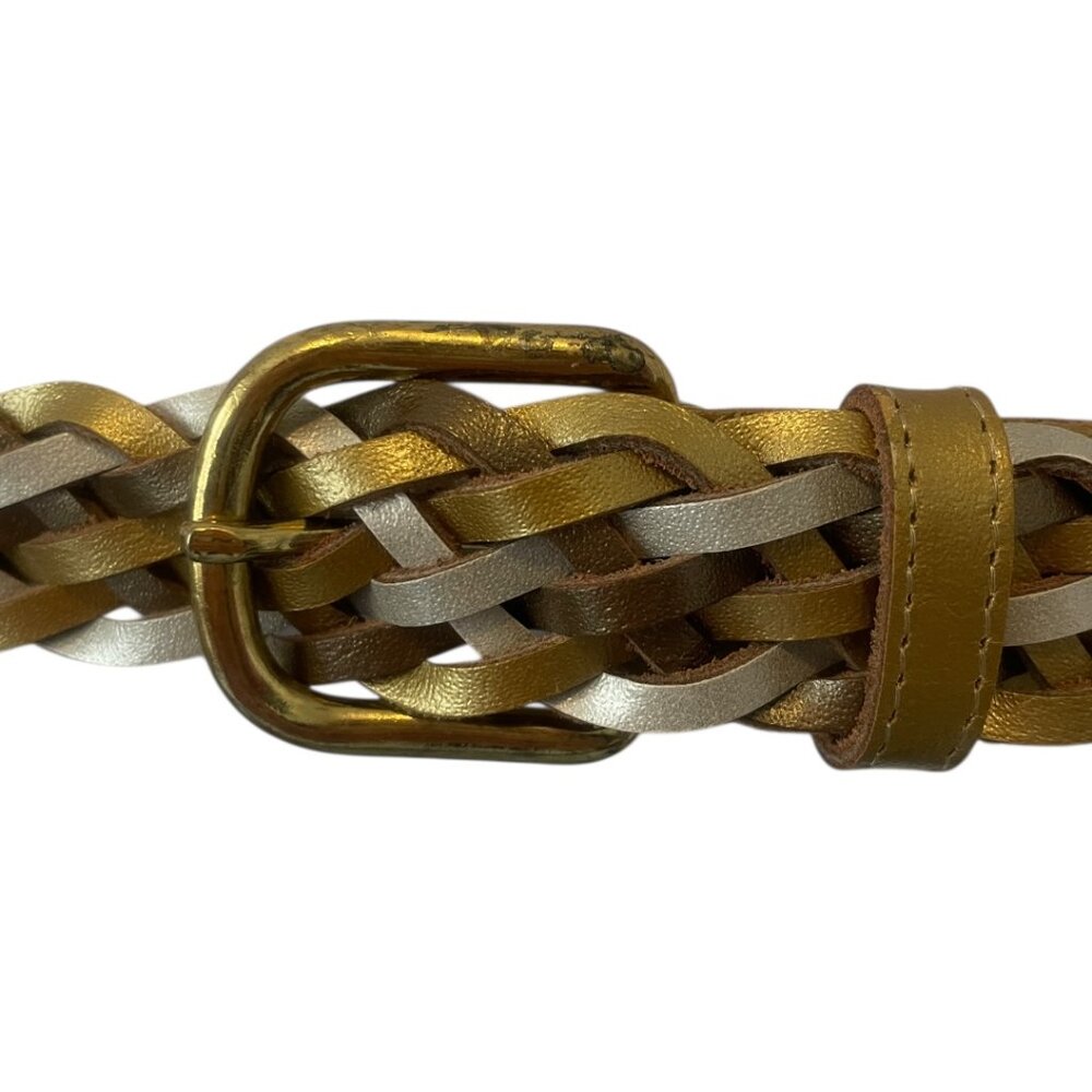Vintage Tricolor Braided Gold Silver White Leather Belt with Gold Tone Buckle XL - Picture 2 of 6